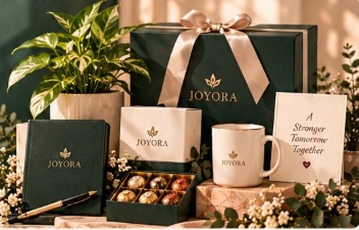 Luxury corporate gifting arrangement with Koinks forest-green gift boxes, potted plant, ceramic mug, chocolates, and greeting card