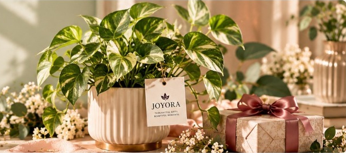 Green gifting presentation with potted money plant in fluted cream ceramic planter and gift box