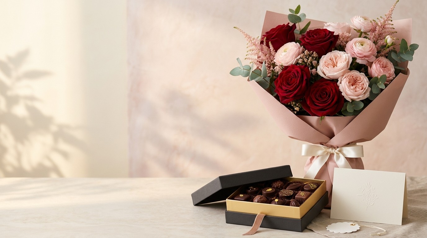 Romantic anniversary gift presentation featuring fresh roses, gourmet chocolates and luxury greeting card