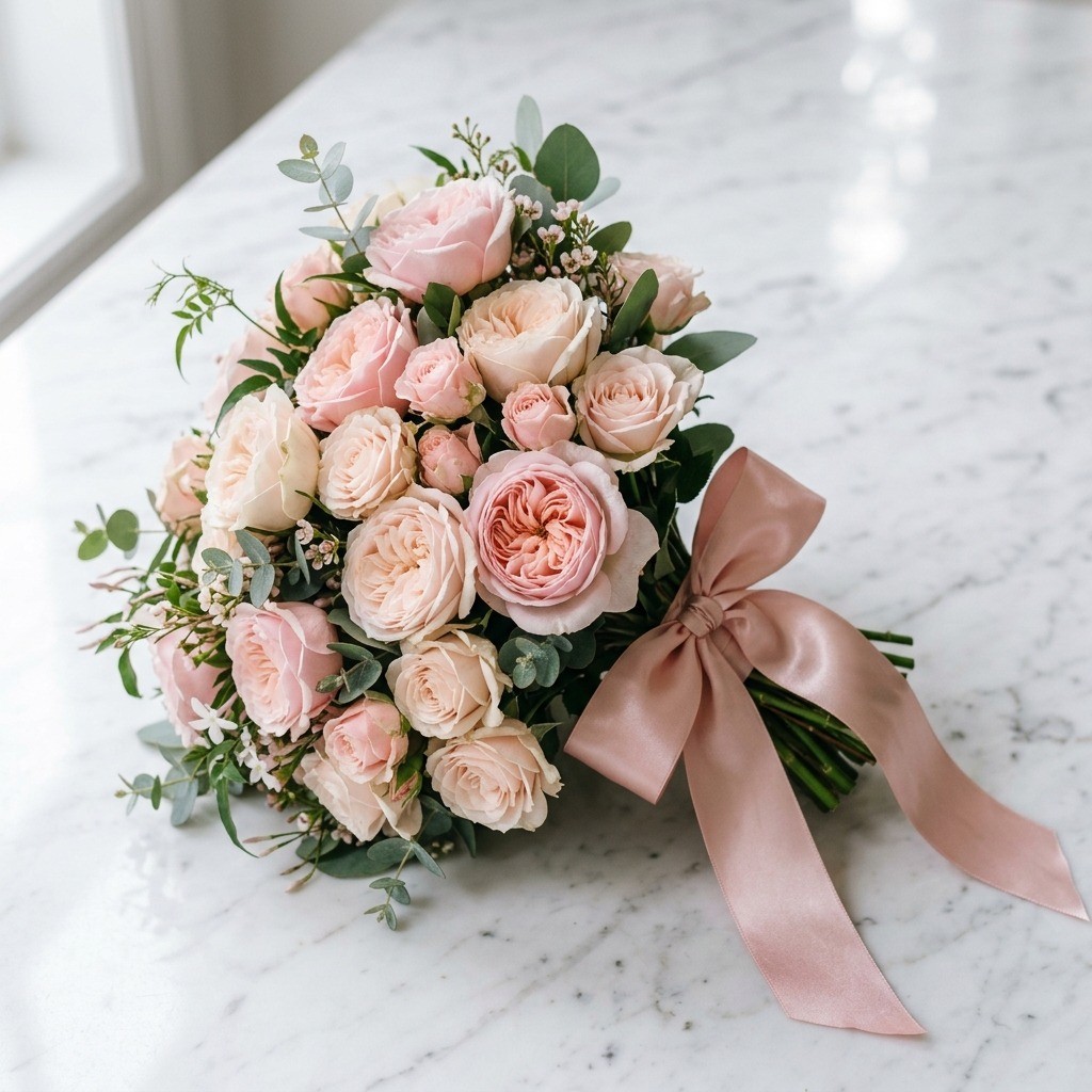 Blush Romance Bouquet - soft pink roses and seasonal blooms